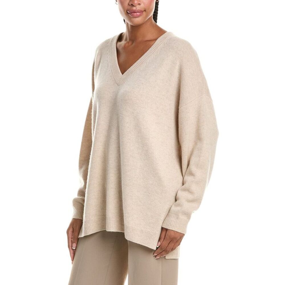 N.Peal Womens  Oversized V-Neck 100% Cashmere Sweater, Grey
